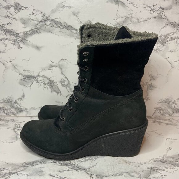 Timberland Amston Roll-Top Boot Women Size 9 Black Suede Shoe Earthkeepers Wedge - Picture 3 of 9